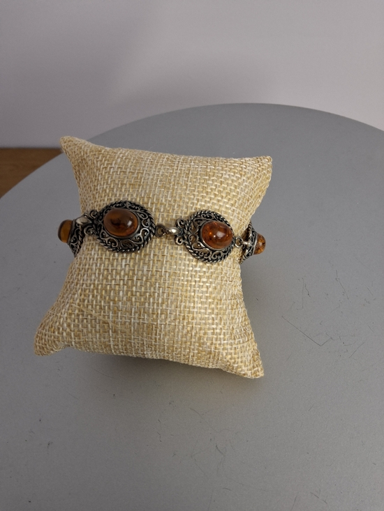 Jewelry - Vintage Sterling Silver Baltic Amber Oval Cabochon Link Chain Bracelet Size 7